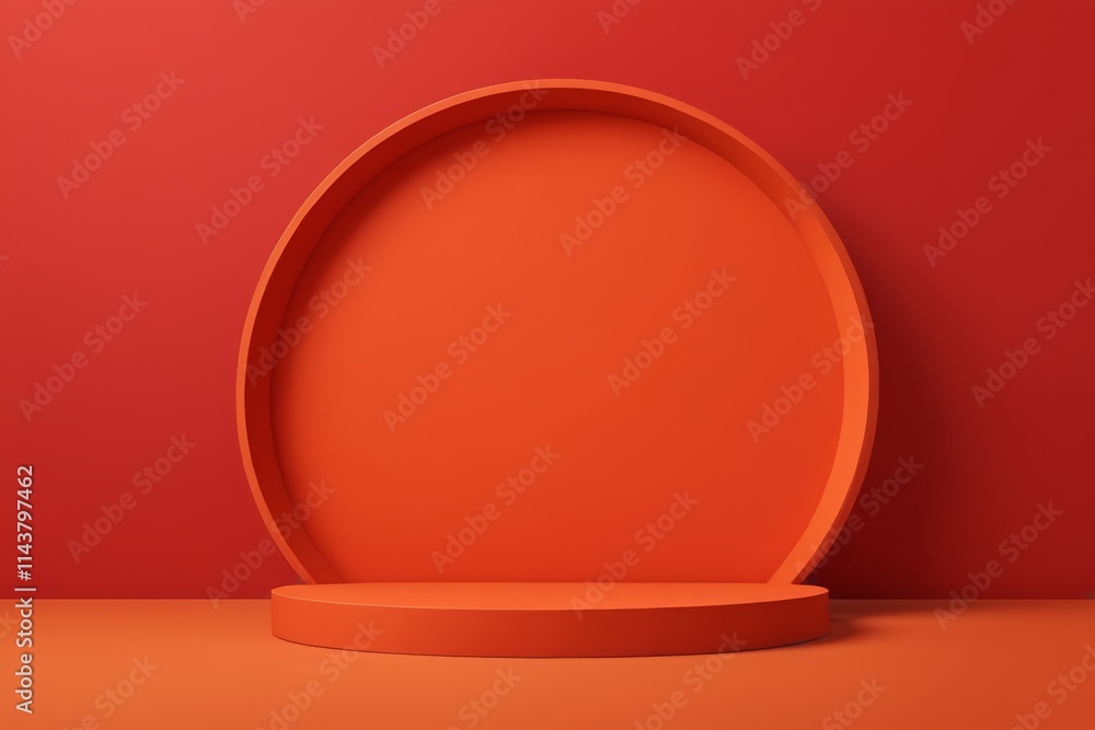 a close up of a round orange shelf on a red wall