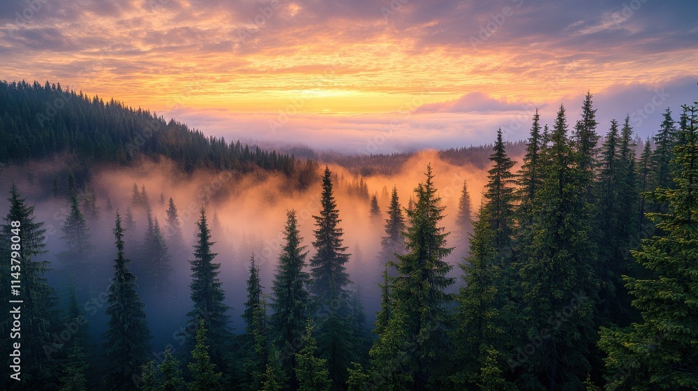Vibrant sunrise illuminating misty forest landscape nature scenic viewpoint with golden horizon Vibrant sunrise illuminating misty forest landscape nature scenic viewpoint with golden horizon