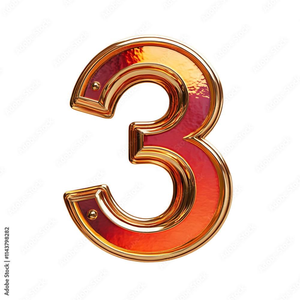 Red and Gold Number Three, Shiny, Isolated on White Background Red and Gold Number Three, Shiny, Isolated on White Background