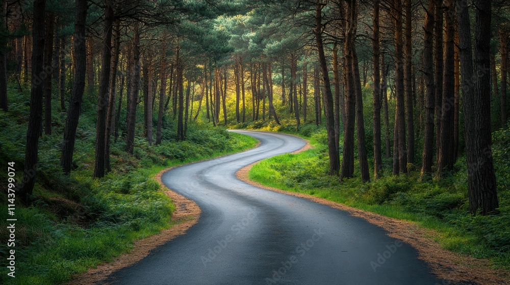 Winding road through a serene forest in golden light during the late afternoon Winding road through a serene forest in golden light during the late afternoon