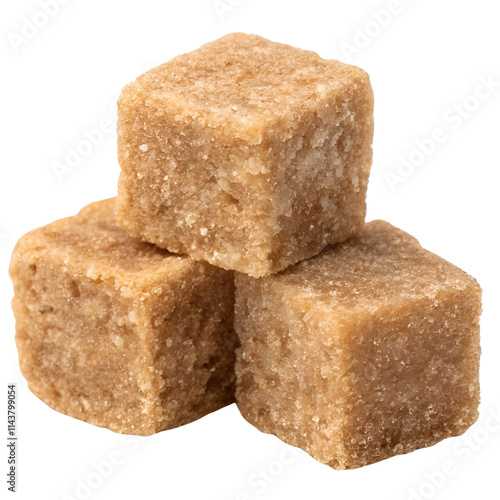 A stack of three brown sugar cubes isolated on a transparent background