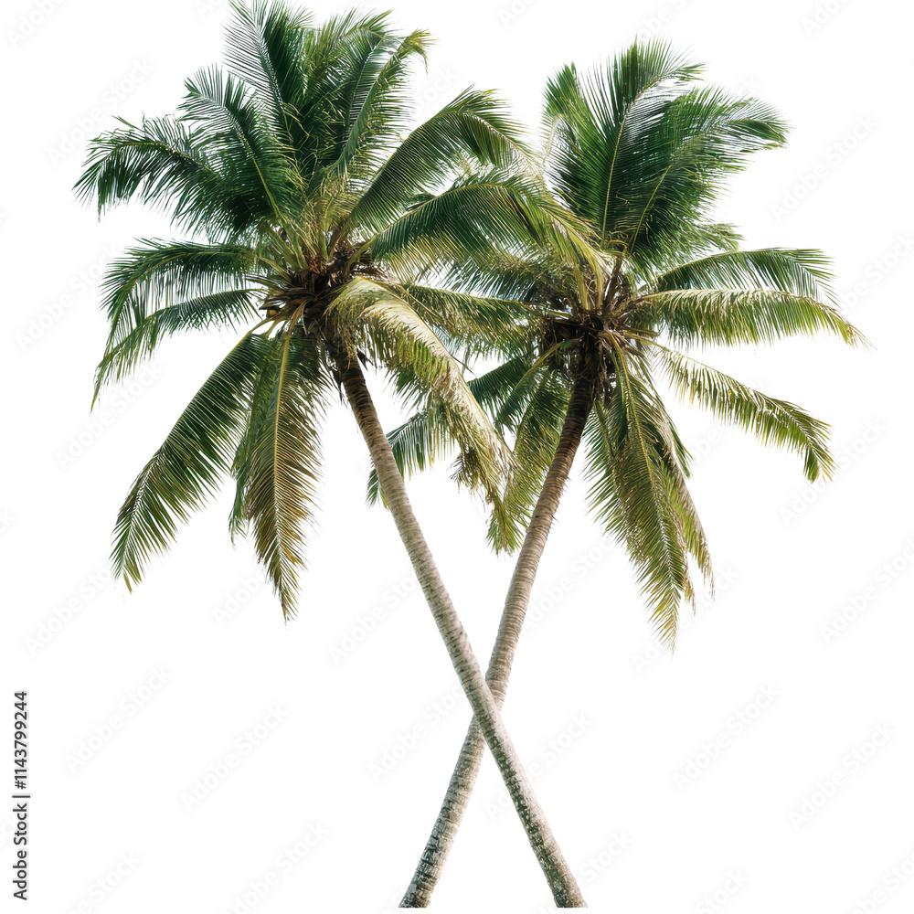 Obraz premium Two palm trees with lush green fronds crossing at the trunks, creating a striking vertical display.