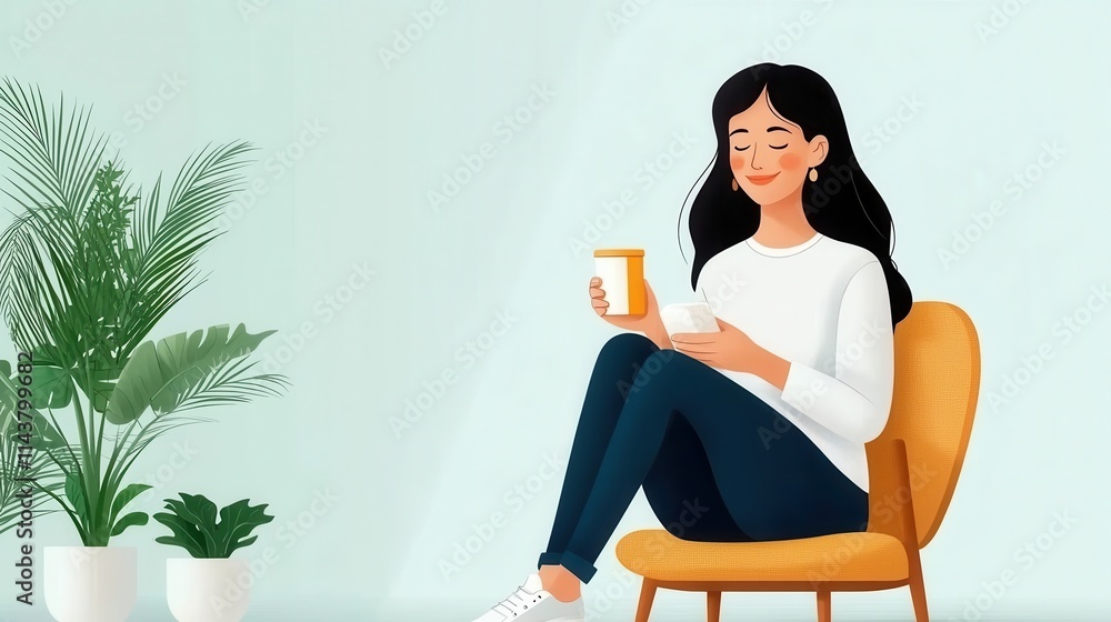 Young woman sitting comfortably in a chair taking a peaceful moment to herself while enjoying a warm beverage in a cozy modern home environment surrounded by lush greenery She appears relaxed Young woman sitting comfortably in a chair taking a peaceful moment to herself while enjoying a warm beverage in a cozy modern home environment surrounded by lush greenery She appears relaxed