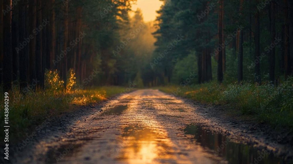 Obraz premium Charming forest pathway reflecting golden light under a serene sunset in nature\'s embrace