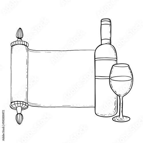 Black and white paper scroll with wine bottle and glass simple line vector illustration for coloring. Purim greeting banner template for Jewish holiday with Torah.