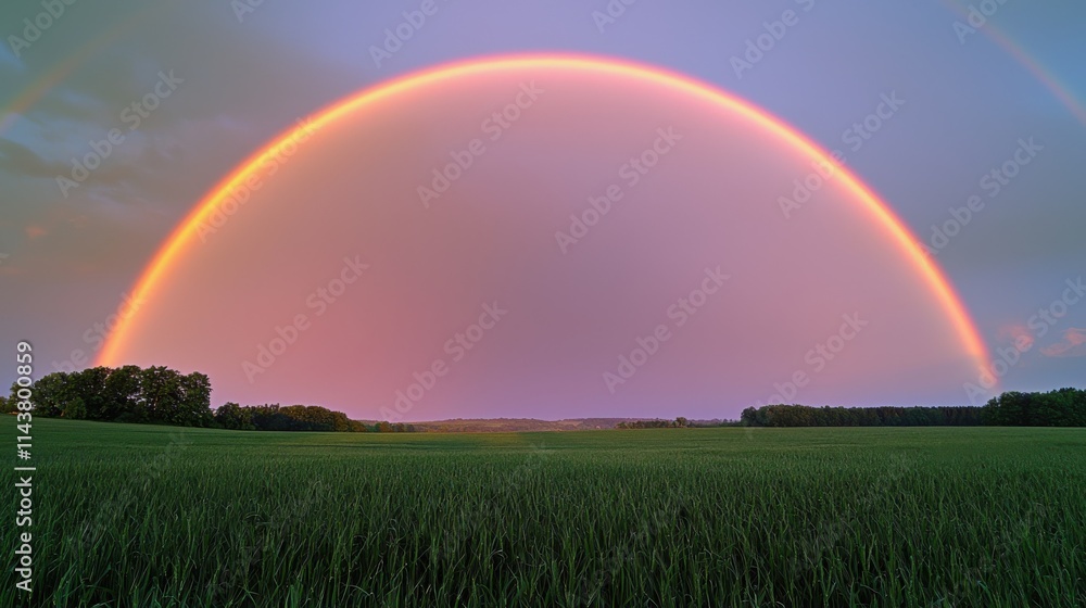 Vibrant rainbow arching over lush green field after rain shower nature serene landscape warm light Vibrant rainbow arching over lush green field after rain shower nature serene landscape warm light