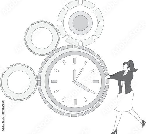 Let time work, time management, the businesswoman pushes the clock into the rotating gear.