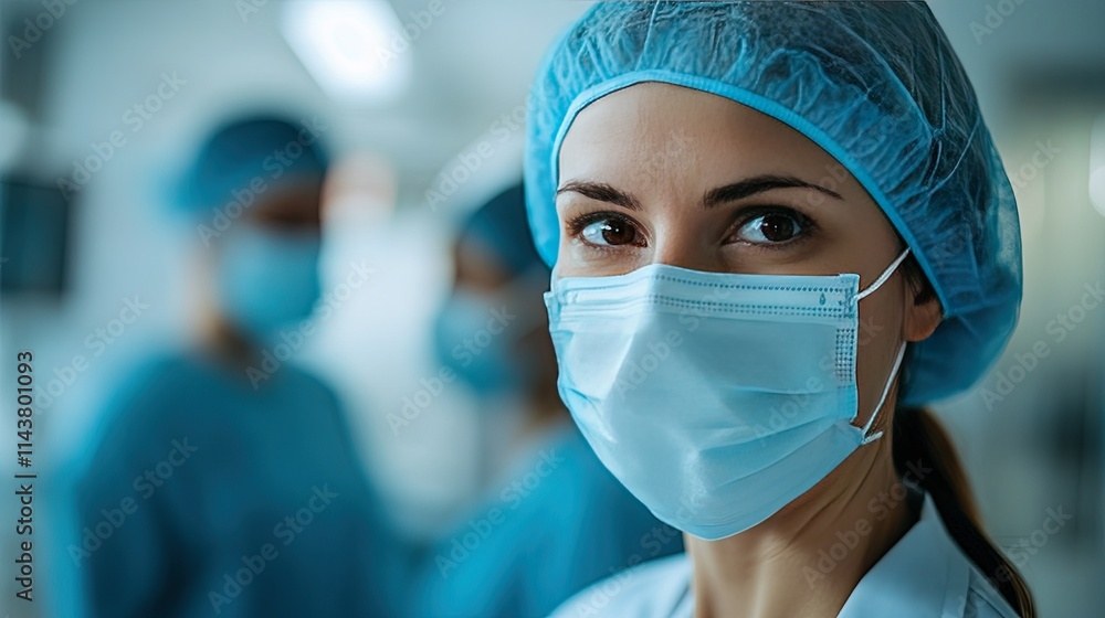 A doctor wearing a face mask, caring for a patient during a pandemic. A doctor wearing a face mask, caring for a patient during a pandemic.