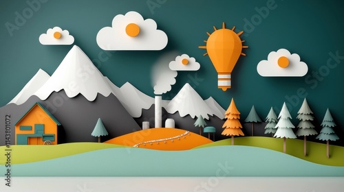 Captivating mountain landscape with snow capped peaks dense forests and a whimsical paper art lightbulb design symbolizing innovation renewable energy and sustainable living