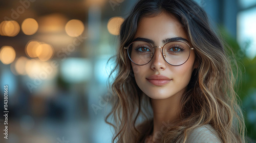 Portrait of a pretty girl with glasses looking straight into the camera