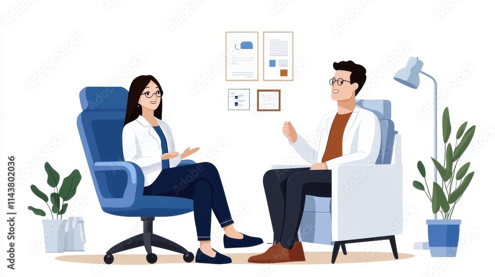 Two business professionals having a productive meeting in a modern office environment collaborating on ideas and strategies for their company Two business professionals having a productive meeting in a modern office environment collaborating on ideas and strategies for their company