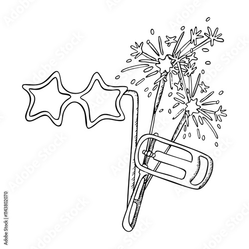 Festive party accessories black and white line vector illustration. Photo booth stars glasses on stick, rattler and sparklers ink drawing. Holiday and celebration decorations for Purim