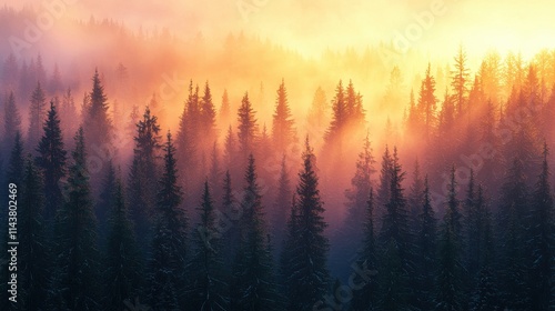 Vibrant sunrise illuminating forest landscape tranquil nature scene majestic pines early morning atmosphere