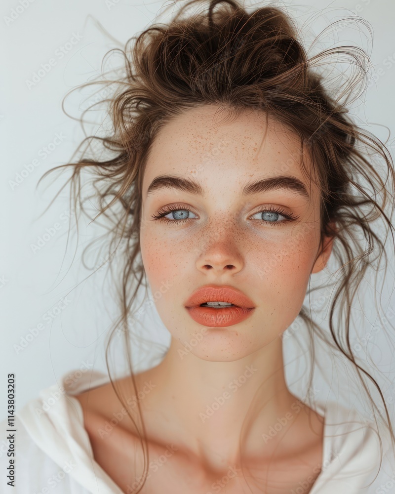 Close-up portrait of a young woman with messy bun, freckles, and natural makeup. Close-up portrait of a young woman with messy bun, freckles, and natural makeup.