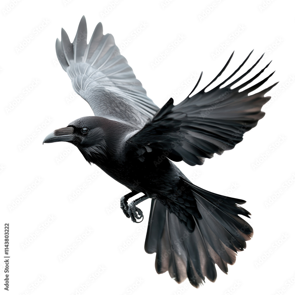Naklejka premium A majestic bird in flight, showcasing striking black feathers and spread wings with a hint of white.
