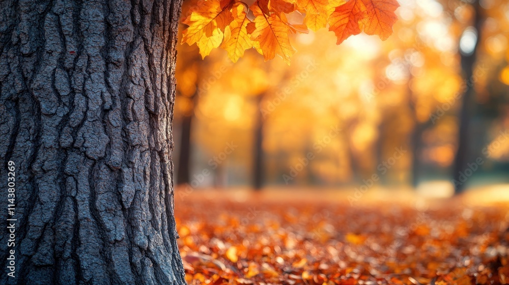 Obraz premium Autumnal tree trunk, fallen leaves, sunlight.