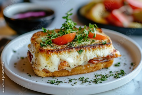 Sandwich croque monsieur on white plate