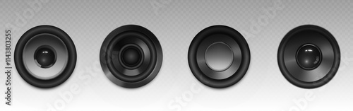 3d music loudspeaker. Stereo sound speaker system isolated icon. Black subwoofer equipment for acoustic studio. Party or movie electronic play set. Powerful cinema amplifier design. Radio device