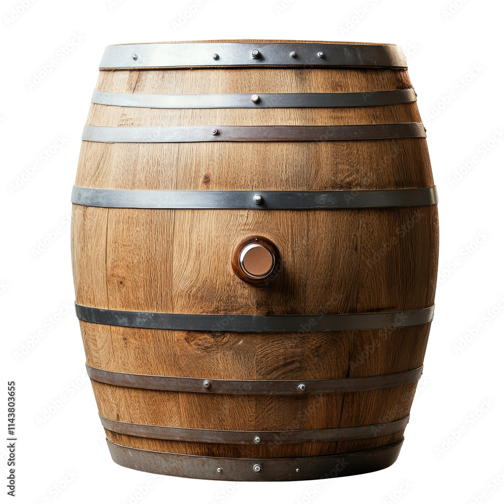 Fototapeta premium A wooden barrel with metal bands, showcasing a rustic design and a central spigot.