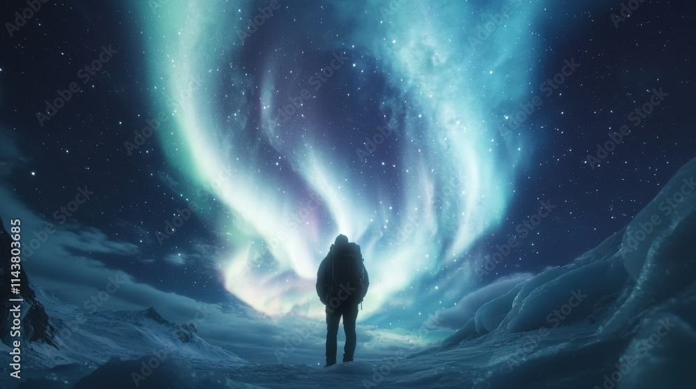 Fototapeta premium Backpacker admiring aurora borealis in snowy landscape night sky adventure serene environment awe-inspiring view