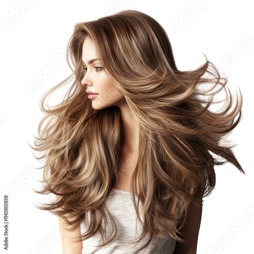 A stylish woman with flowing, voluminous hair, showcasing a natural and radiant look.