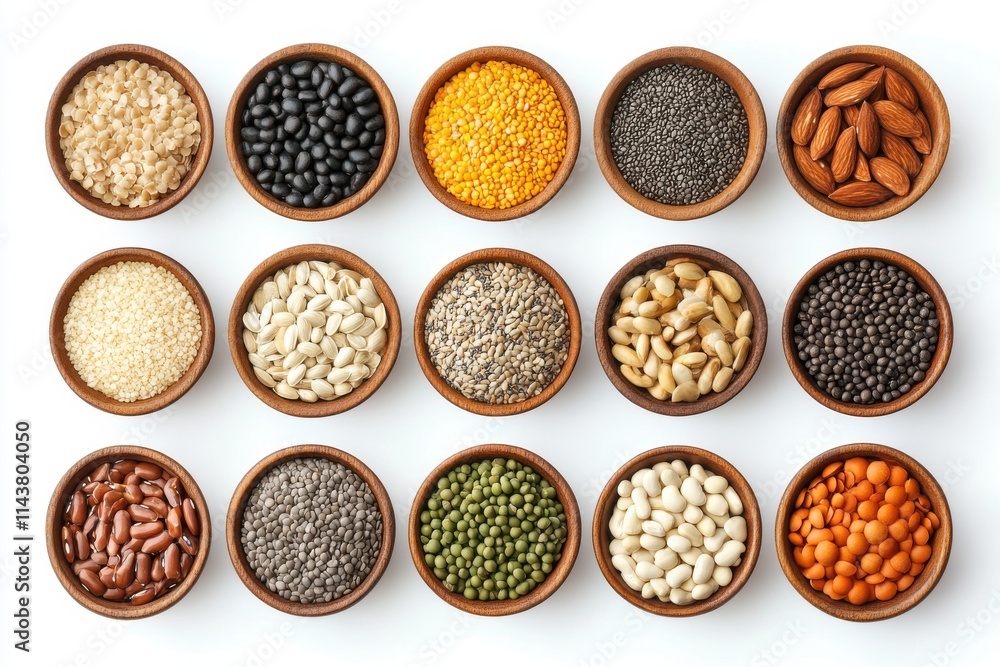 Set of natural food high in protein on white background Set of natural food high in protein on white background