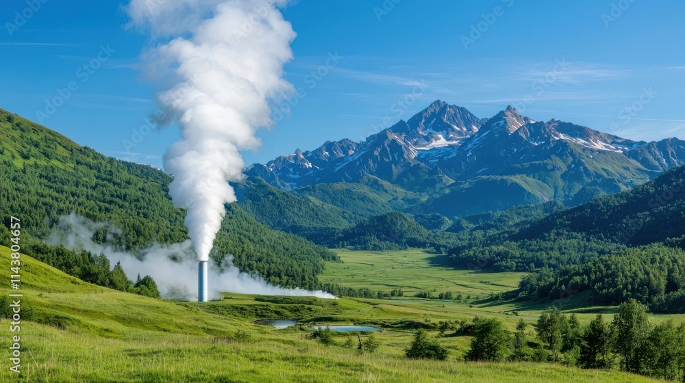 Geothermal power plant emitting steam plumes amidst a lush green forested mountain valley landscape showcasing the of renewable energy with the natural environment Geothermal power plant emitting steam plumes amidst a lush green forested mountain valley landscape showcasing the of renewable energy with the natural environment