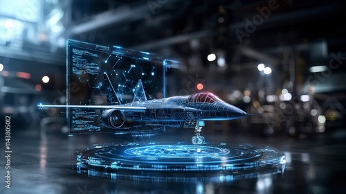 Fototapeta Naklejka Na Ścianę i Meble -  Innovative digital display of advanced military aircraft technology aerospace facility 3d visualization high-tech environment