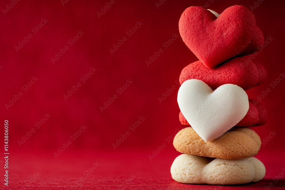 Heart-shaped red and white cookies. Red background. Valentine's Day. Heart-shaped red and white cookies. Red background. Valentine's Day.