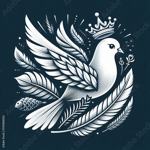 White Dove with Feather Crown Fish Scale Feather Crown Fish Scal photo