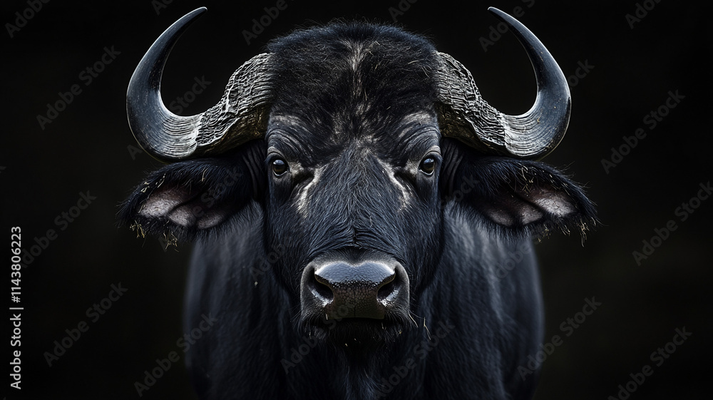 Naklejka premium Black buffalo, frontal view, powerful horns, dramatic contrast 32k, full ultra hd, high resolution