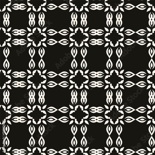 Vector black and white floral geometric seamless pattern. Abstract minimal geometric ornament with flowers in oriental style. Repeat design.