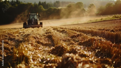 Haymaking equipment on a sunny field, showcasing the automation of agricultural work, bright natural light.