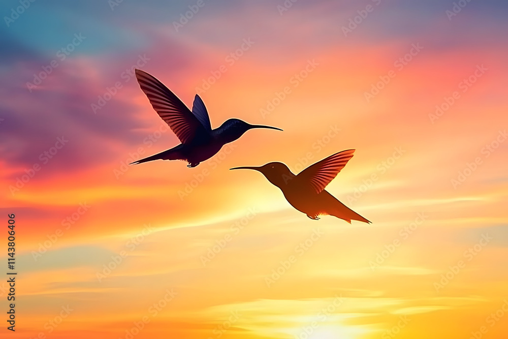 Fototapeta premium A silhouette of a hummingbird flying against the backdrop of a colorful sunset