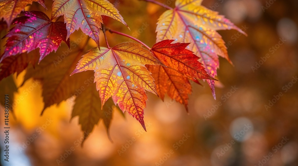 Autumn leaves with iridescent colors over a blurred bokeh effect, sharp subject focus, soft background, emphasizing the iridescent reflections on the leaves. Autumn leaves with iridescent colors over a blurred bokeh effect, sharp subject focus, soft background, emphasizing the iridescent reflections on the leaves.