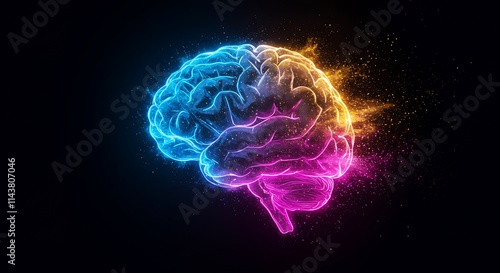 Abstract Science Illustration of a glowing Neural Brain Artwork concept. creativity, innovation, and artificial intelligence futuristic energy, electric, neon, technology visualization, illustration 