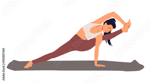Girl demonstrates advanced samakonasana (cross twine). Flexible female in stretching balancing pose. Woman practicing yoga. Vector illustration isolated on white background