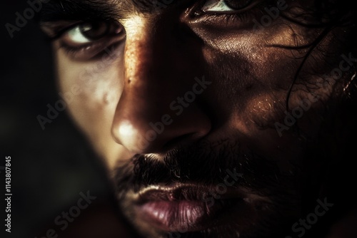 Intense male portrait with dramatic lighting, captured in an extreme close-up to emphasize facial features and emotions. High contrast lighting with deep shadows and highlights.