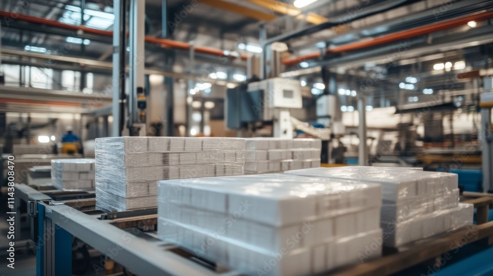 Factory production line with packaged goods on conveyor belt. Factory production line with packaged goods on conveyor belt.