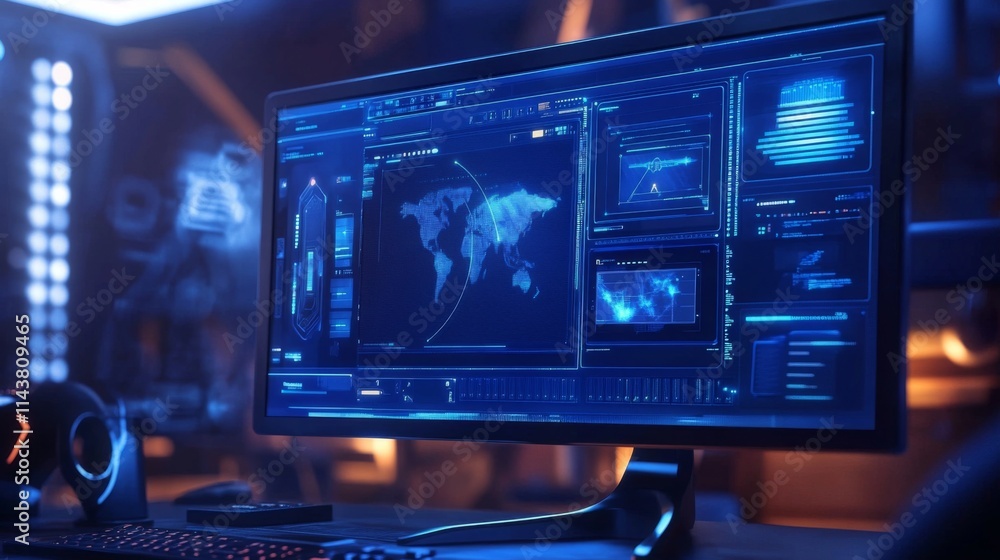 Futuristic computer screen displaying global network data. Futuristic computer screen displaying global network data.