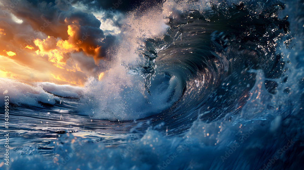powerful wave under dramatic sunset sky powerful wave under dramatic sunset sky