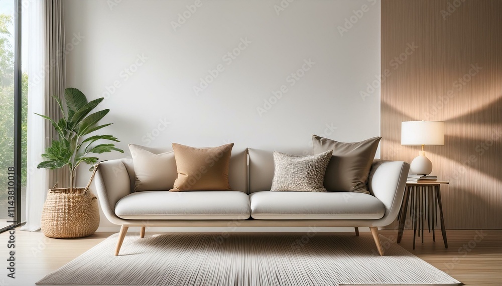 Fototapeta premium Mock up modern interior sofa in living room, empty wall. Generated image