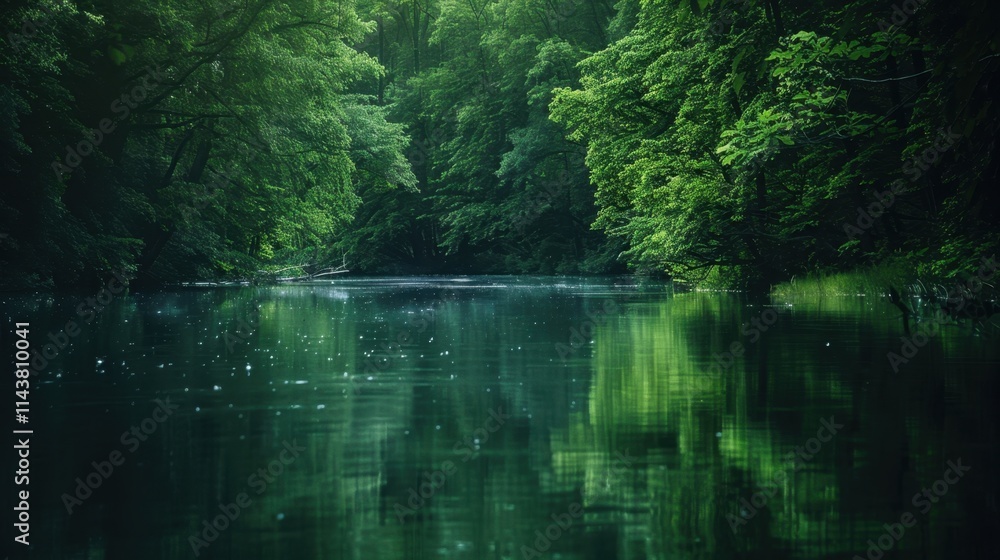 Lush greenery in a serene river landscape, highlighting tranquility and natural beauty. Soft natural lighting.