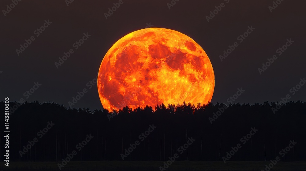 Obraz premium Vibrant red supermoon rising over silhouette forest night sky landscape tranquil atmosphere