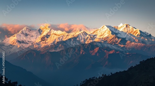 Majestic snow-capped mountains at sunrise, breathtaking and serene. Golden hour light.