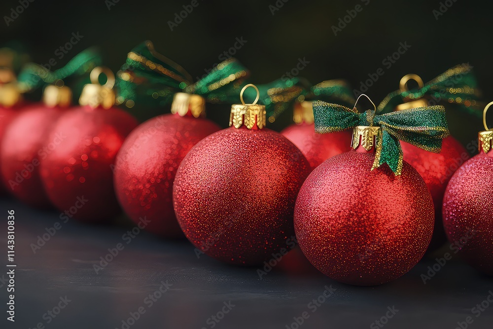 A festive row of mixed-size red baubles, some with glittery finishes, tied with green and gold ribbons at the top.