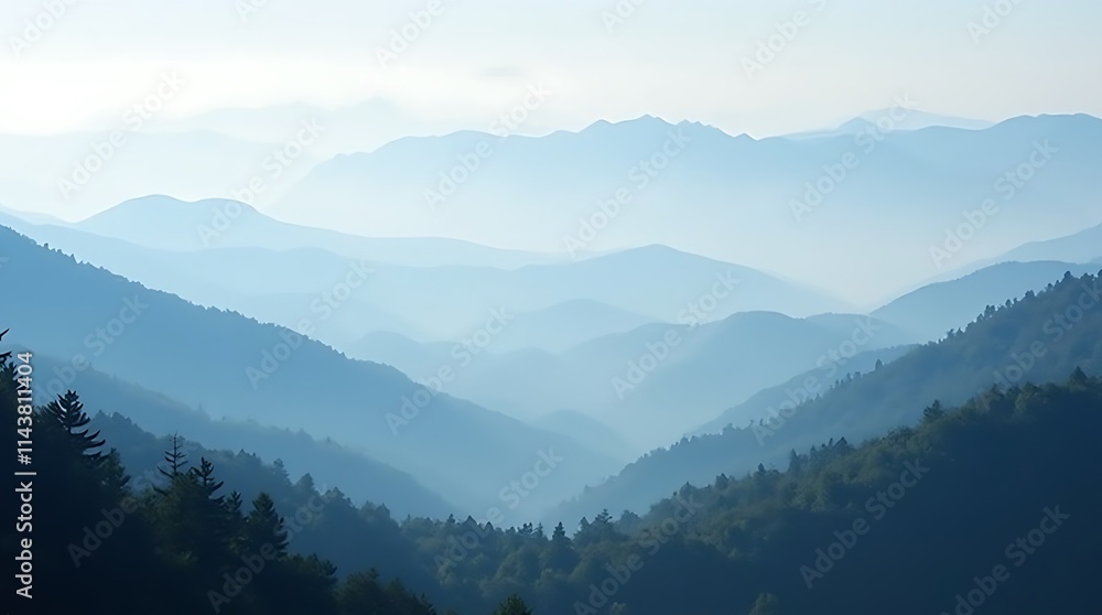 Obraz premium Misty Mountain Range in Soft Blue Hues, Generative AI