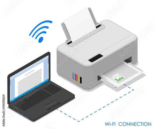Isometric inkjet printer connected to laptop by WiFi network. Printing documents in office. Realistic 3D vector concept isolated on white background