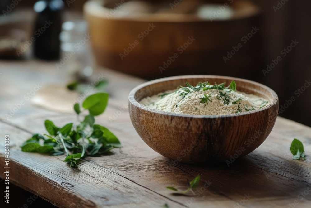 Wooden bowl with herbal powder fresh green leaves Wooden bowl with herbal powder fresh green leaves