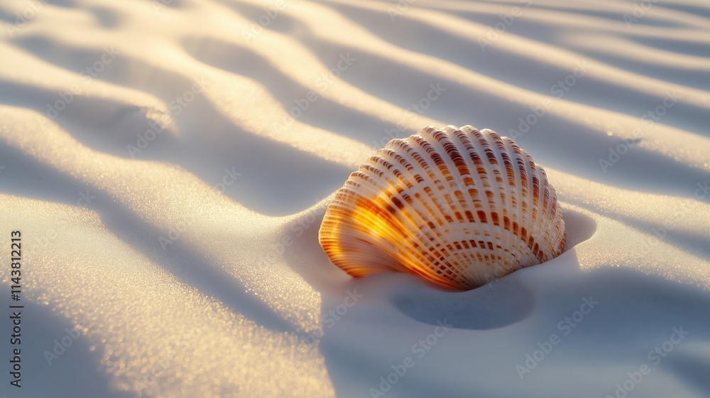 A close-up of a beautiful shell resting on soft, white sand with gentle waves in the background. A close-up of a beautiful shell resting on soft, white sand with gentle waves in the background.
